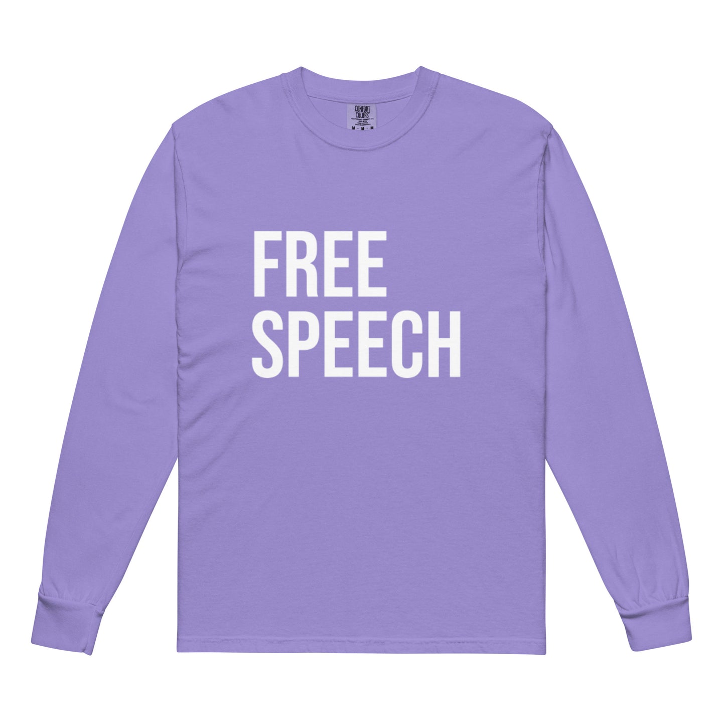 Purple long-sleeve shirt with 'FREE SPEECH' text