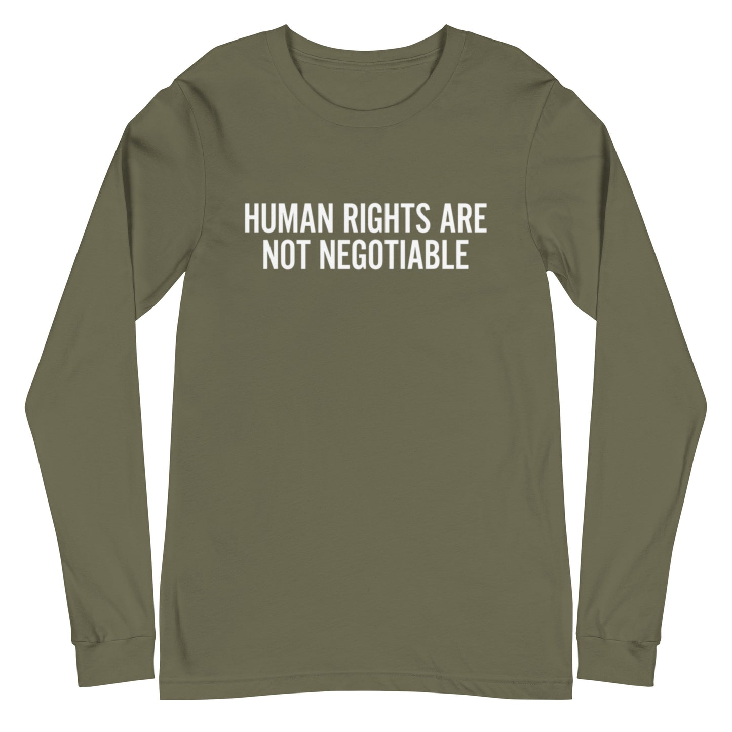 Green long-sleeve shirt with 'Human rights are not negotiable' text on a white background
