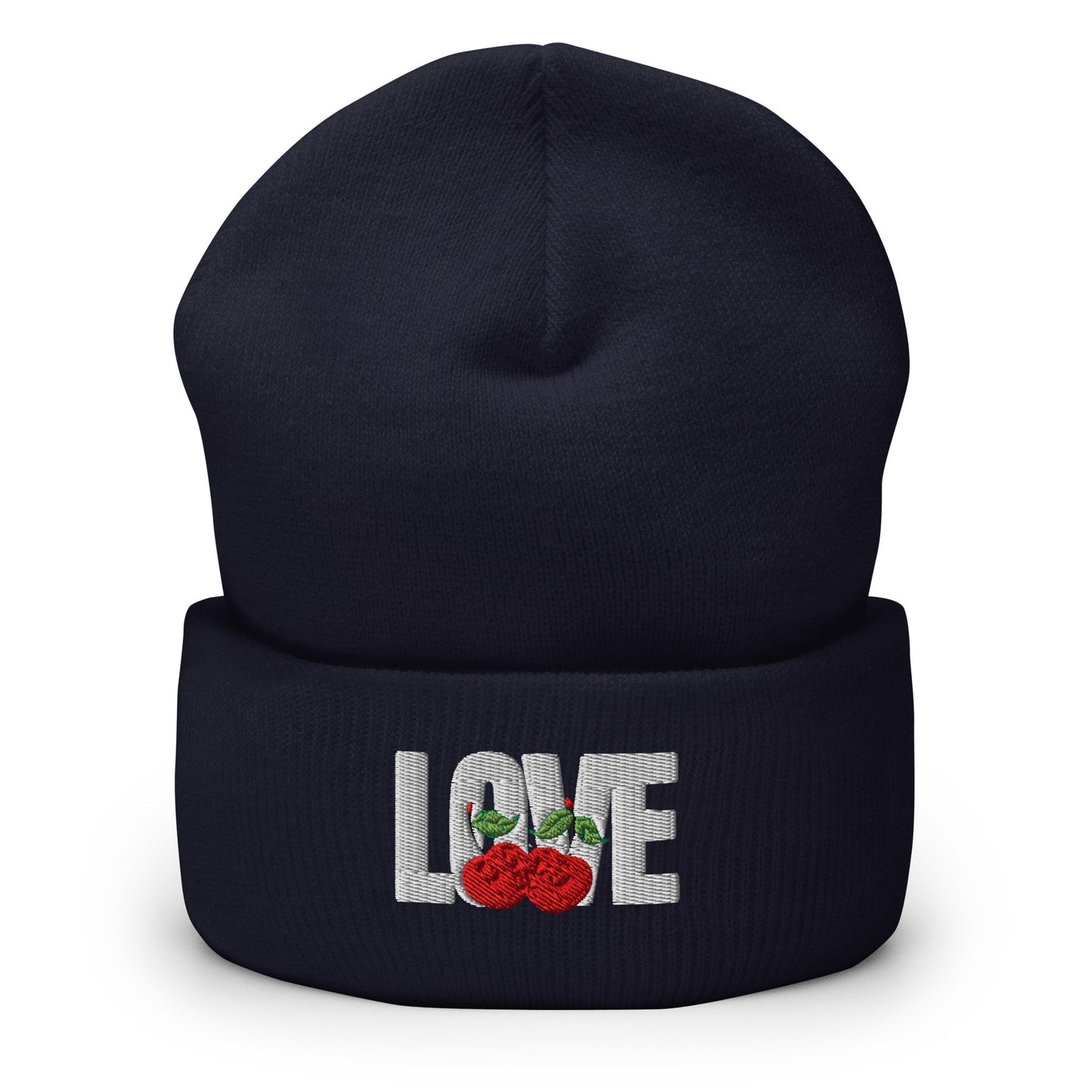 Black beanie with 'LOVE' and cherry design on a white background