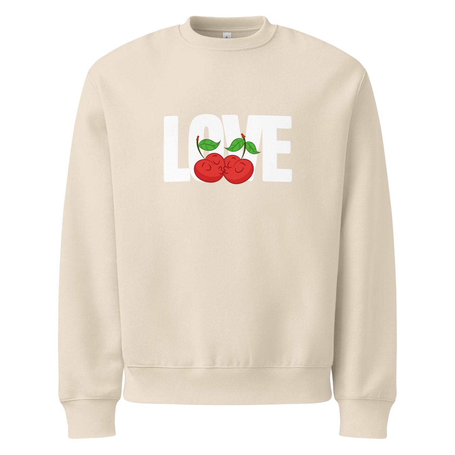 Beige sweatshirt with 'LOVE' and cherry design on a white background
