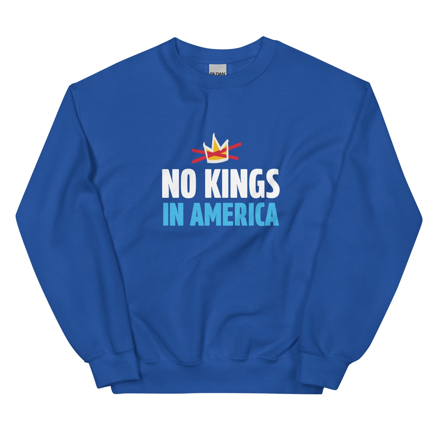 Blue sweatshirt with bold text reading ‘No Kings in America’ and an illustrated crown crossed out with an X.
