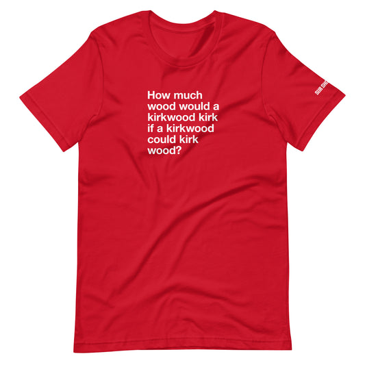 Red t-shirt with white text on a white background