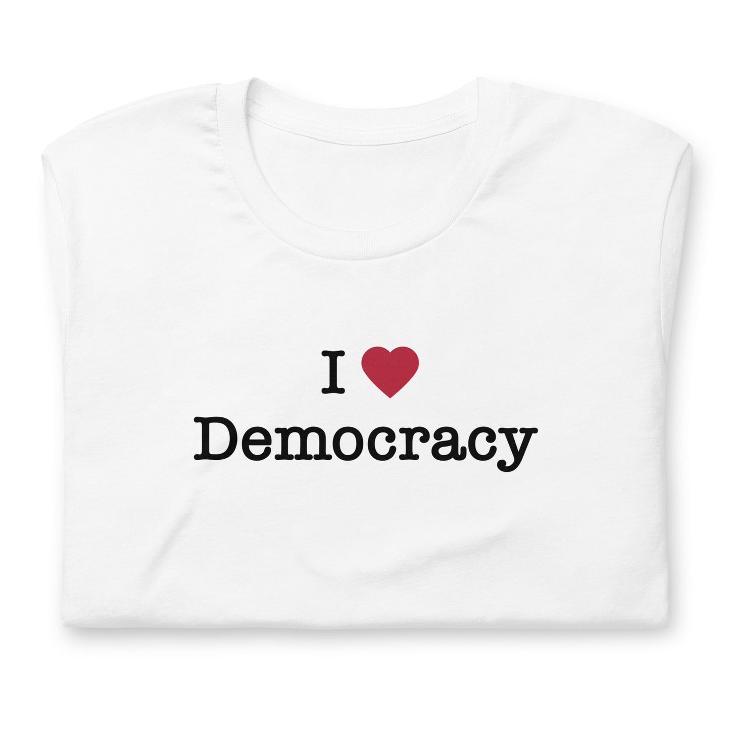 A blue t-shirt with the text 'I Democracy' printed on the front, where the heart symbol is meant to represent the word 'love'.