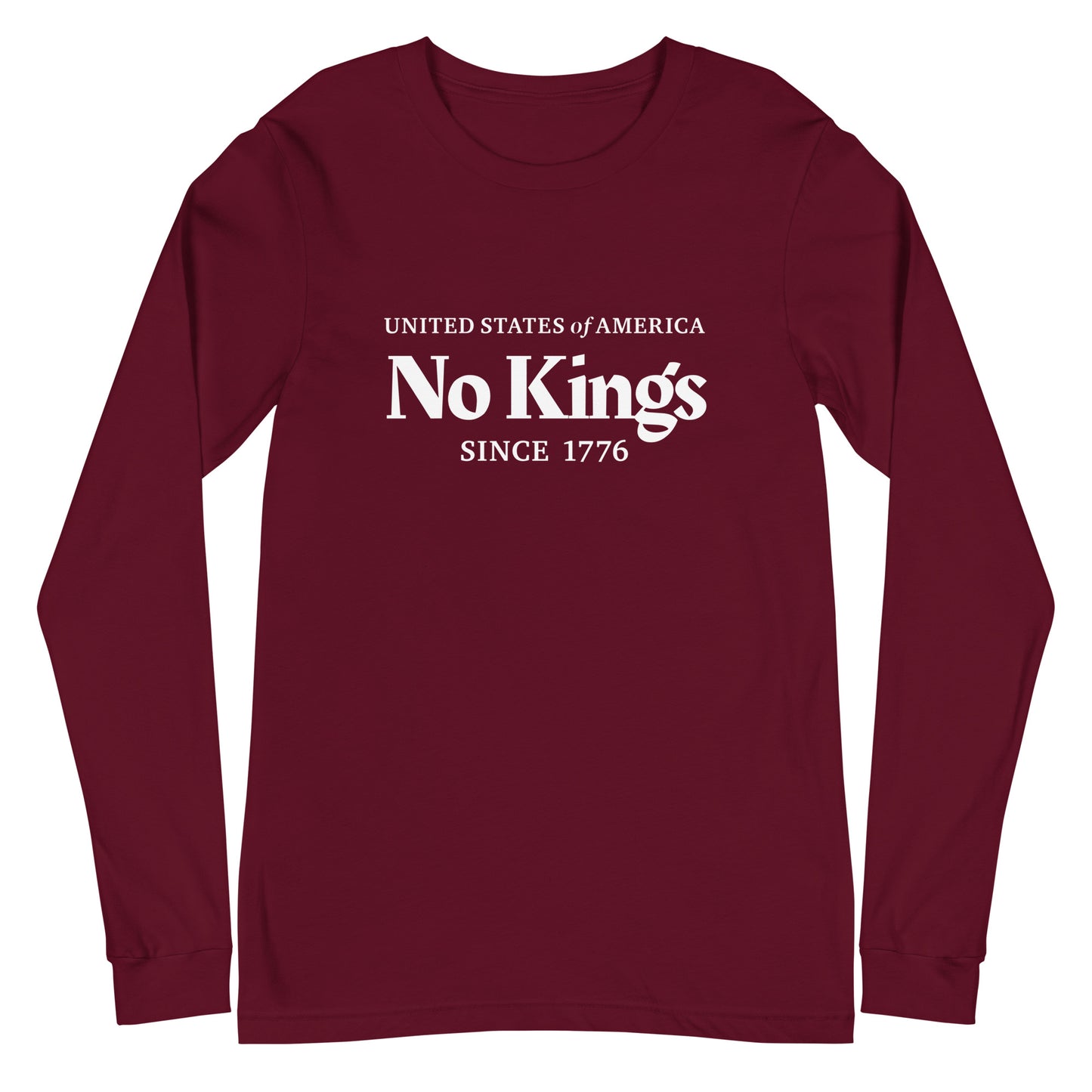 Black long sleeve t-shirt with statement: United States of America No Kings since 1776