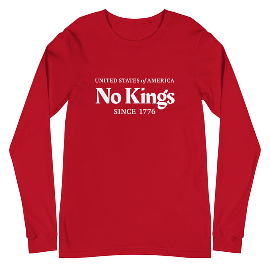 Red long sleeve t-shirt with white text that says United States of America No Kings since 1776