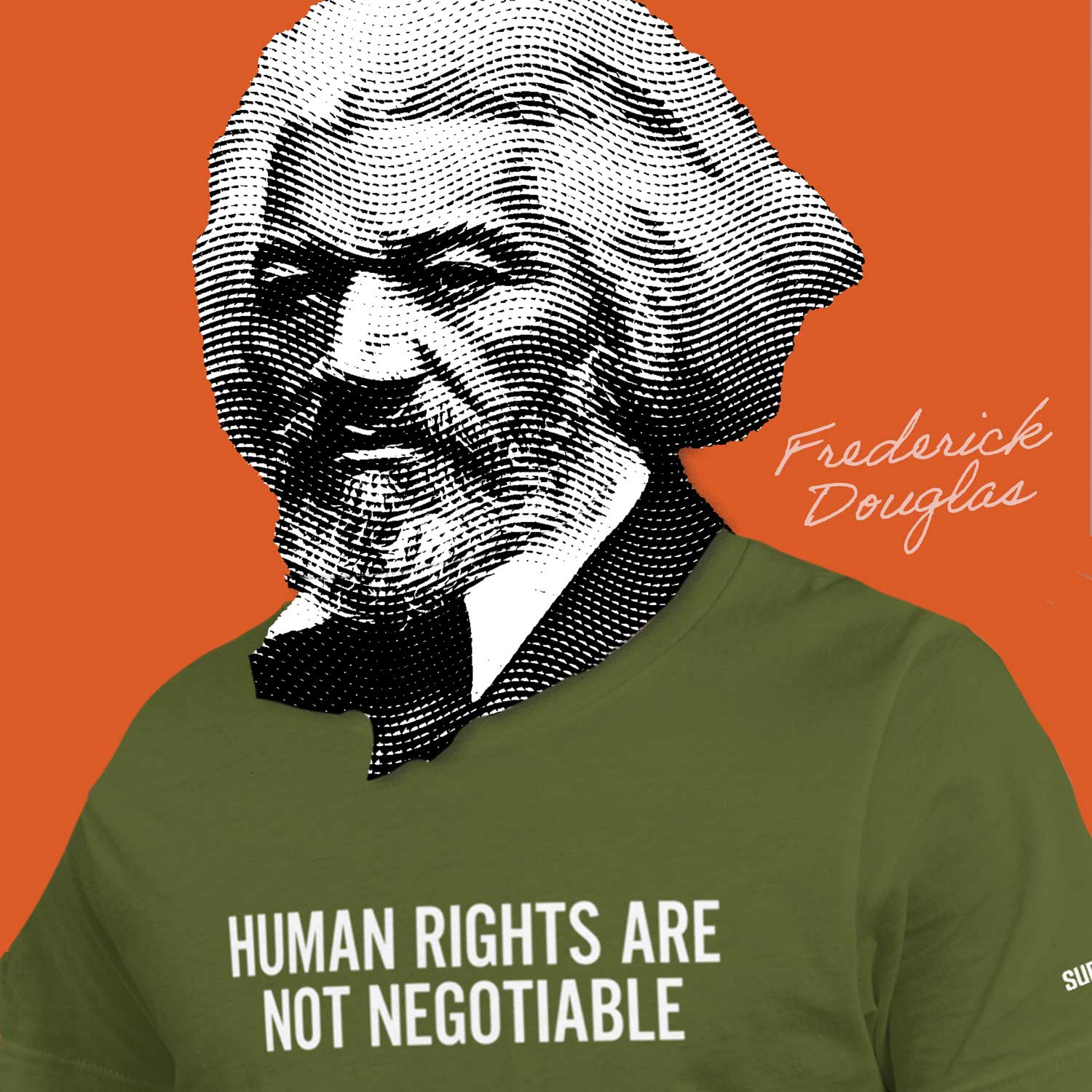 Graphic of Frederick Douglass wearing a t-shirt that says Human rights are not negotiable