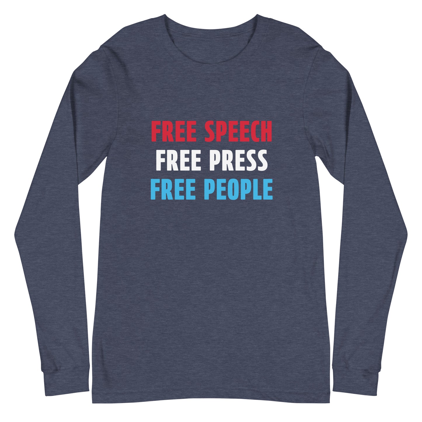 Navy long-sleeve shirt with 'Free Speech', 'Free Press', and 'Free People' text in red, white, and blue on a white background.