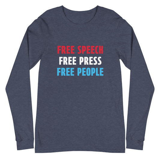 Navy long-sleeve shirt with 'Free Speech', 'Free Press', and 'Free People' text in red, white, and blue on a white background.