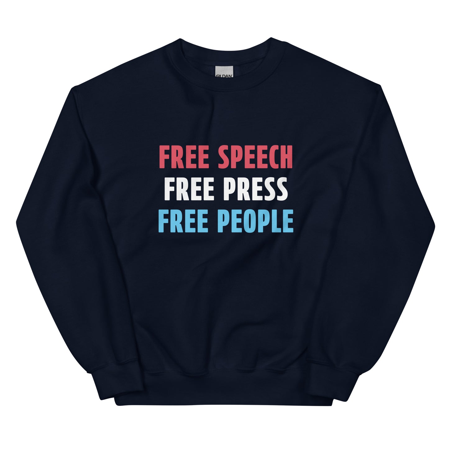 Black sweatshirt with 'FREE SPEECH FREE PRESS FREE PEOPLE' text on a white background