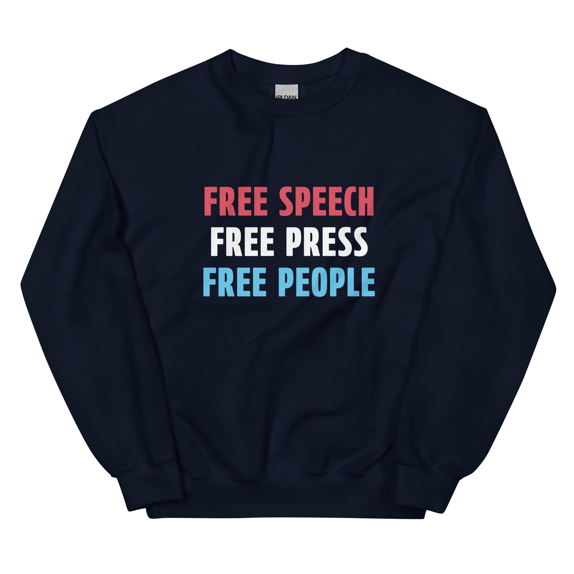 Black sweatshirt with 'FREE SPEECH FREE PRESS FREE PEOPLE' text on a white background