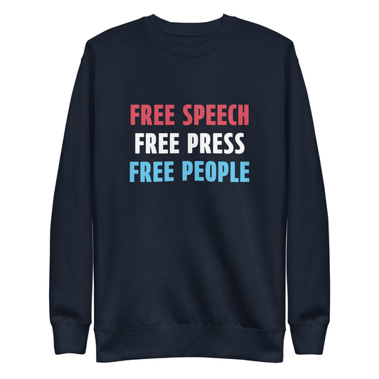 Black sweatshirt with 'FREE SPEECH FREE PRESS FREE PEOPLE' text in red, white, and blue on a white background