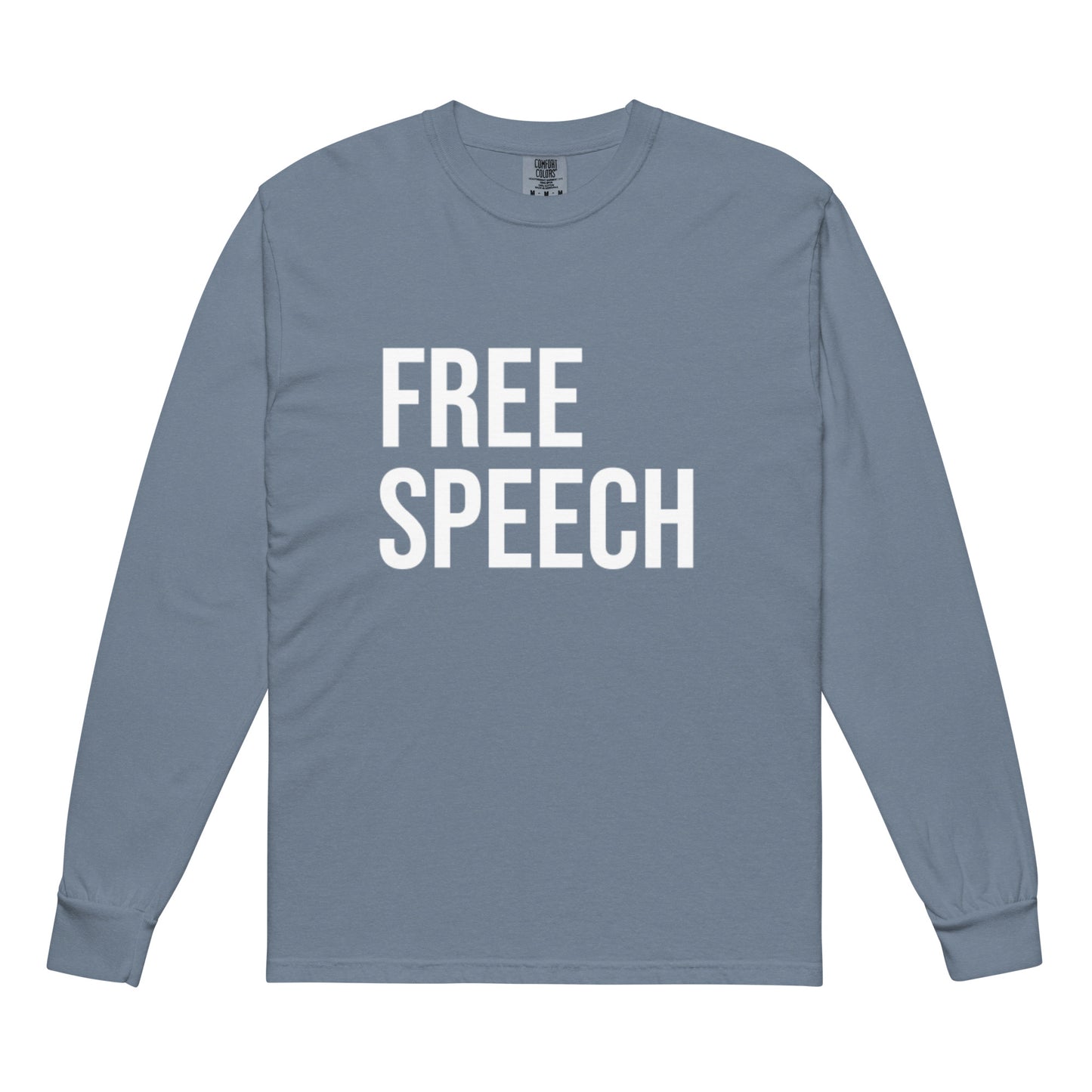 Blue long-sleeve shirt with 'FREE SPEECH' text