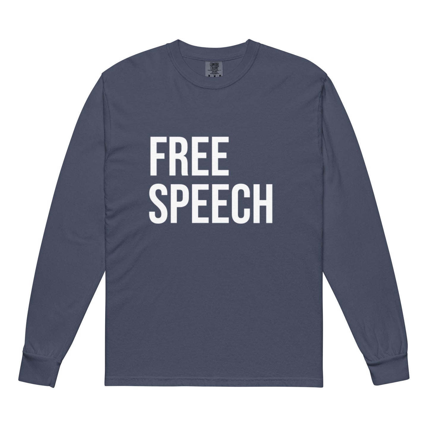 Navy long-sleeve shirt with 'FREE SPEECH' text