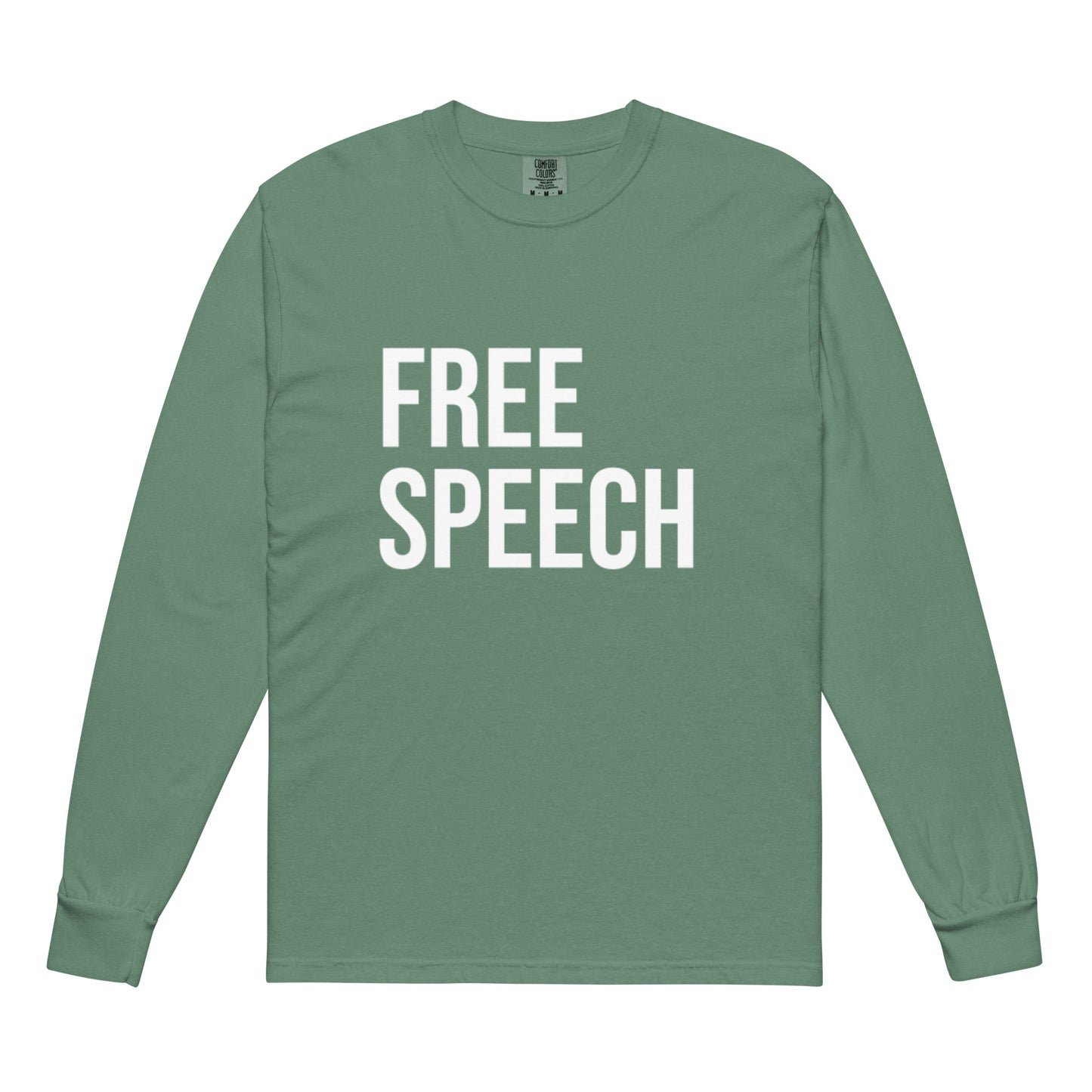 Green long-sleeve shirt with 'FREE SPEECH' text