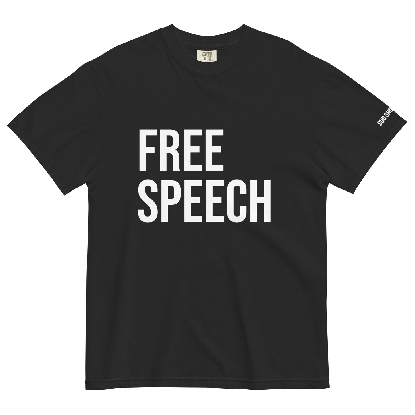 Black t-shirt with 'FREE SPEECH' text on a white background