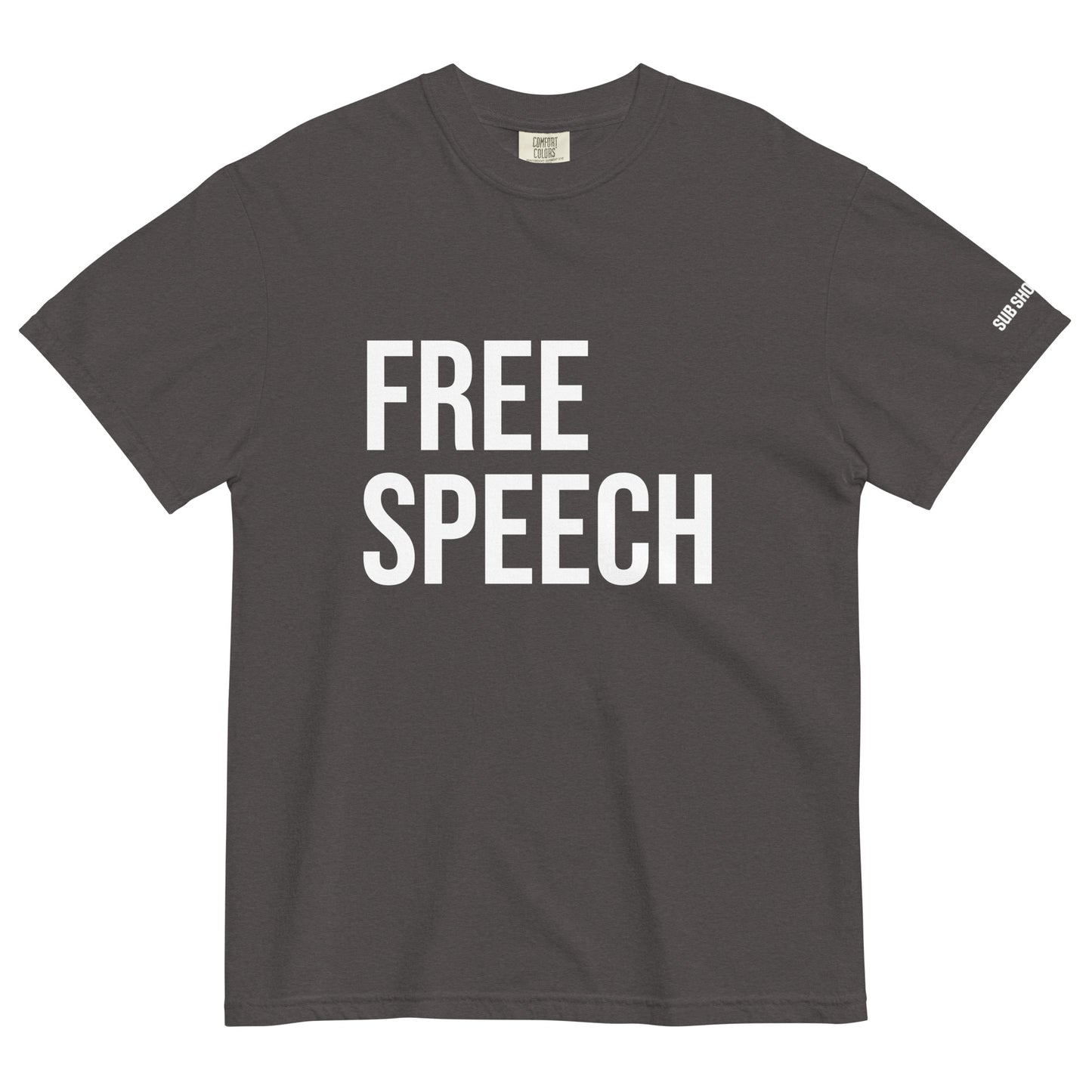 Gray t-shirt with 'FREE SPEECH' text on a white background