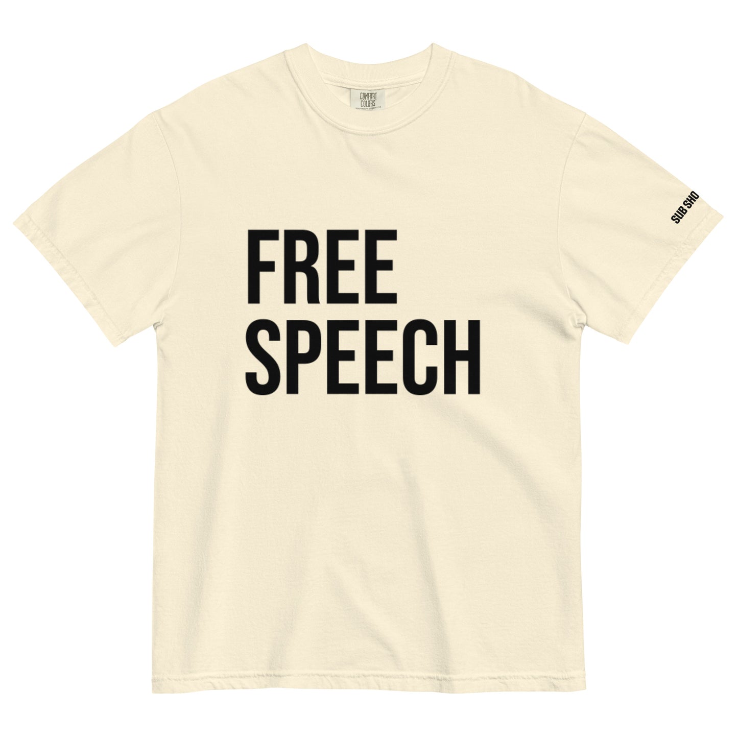 Beige t-shirt with 'FREE SPEECH' text on a white background