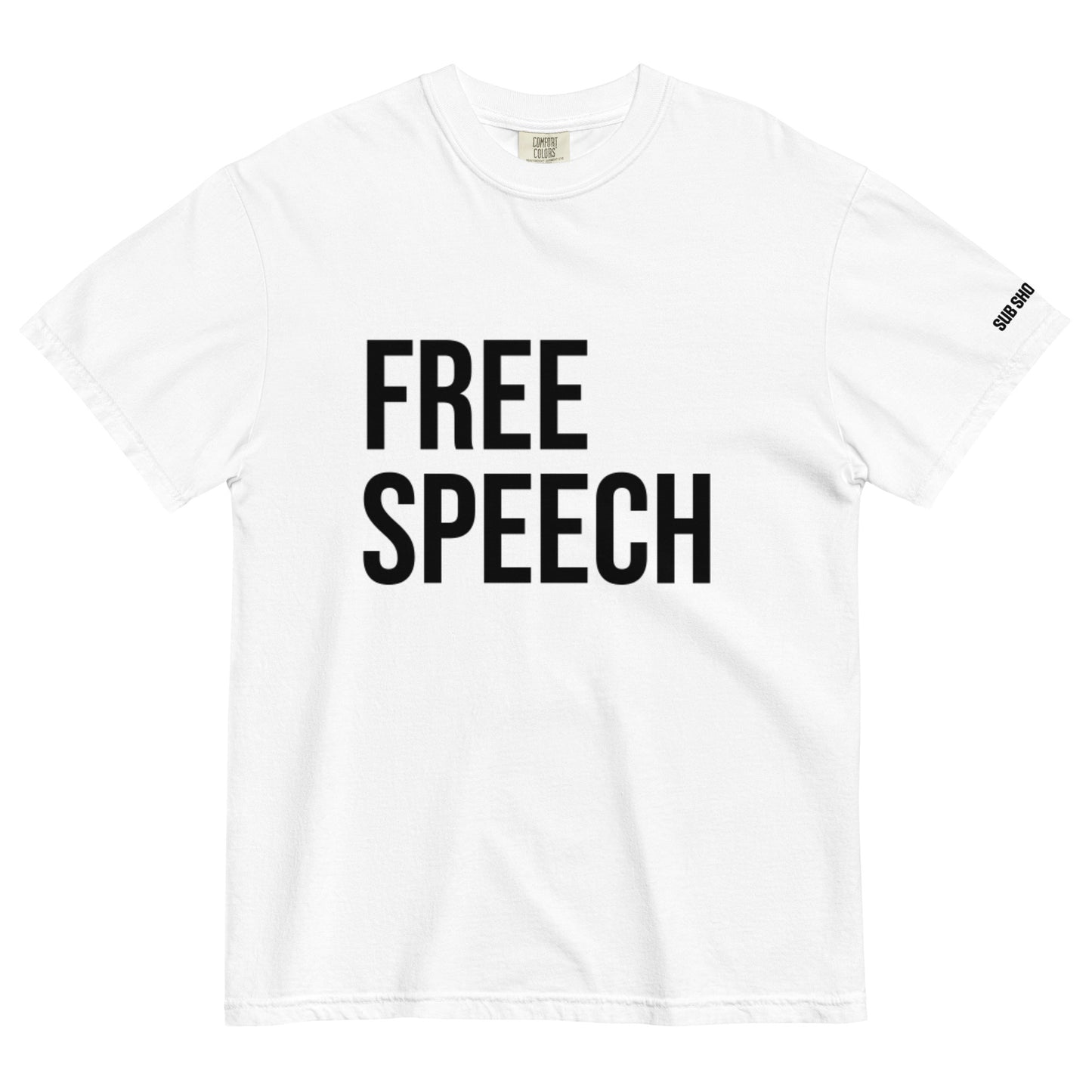 White t-shirt with 'FREE SPEECH' text on a white background