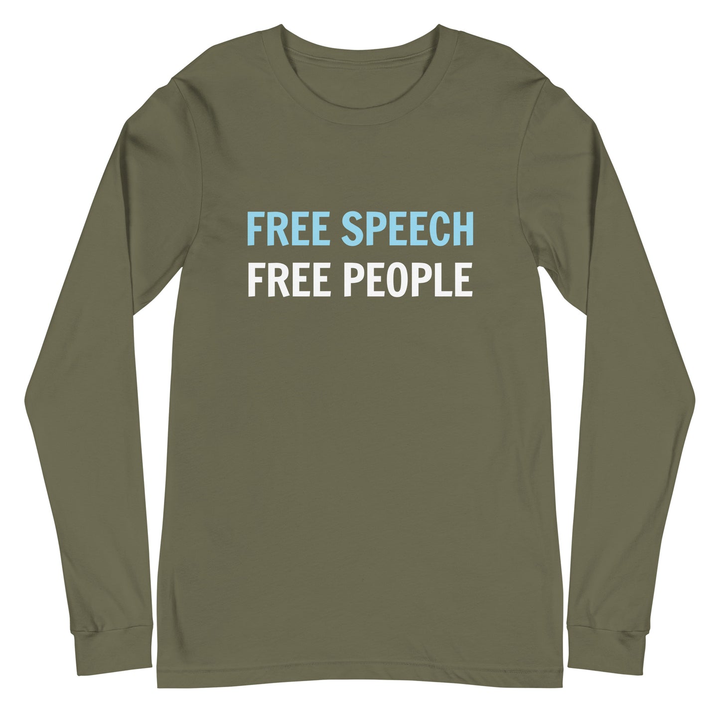 Green long-sleeve shirt with 'FREE SPEECH FREE PEOPLE' text on a white background