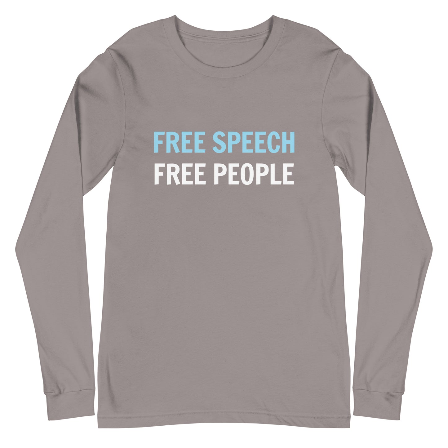 Gray long-sleeve shirt with 'FREE SPEECH FREE PEOPLE' text on a white background