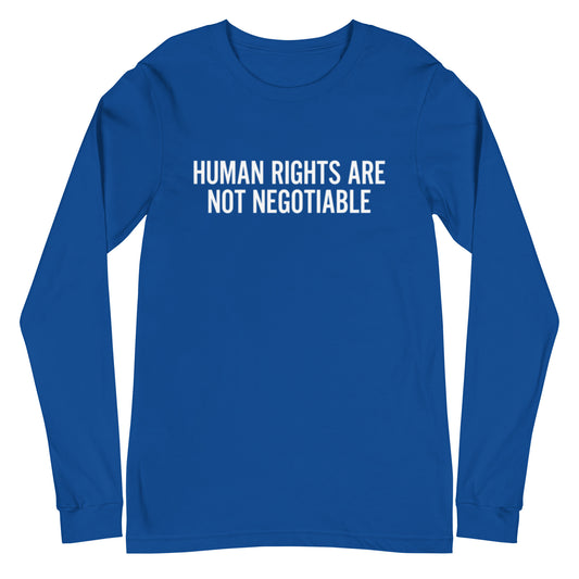 Blue long-sleeve shirt with 'Human Rights Are Not Negotiable' text on a white background