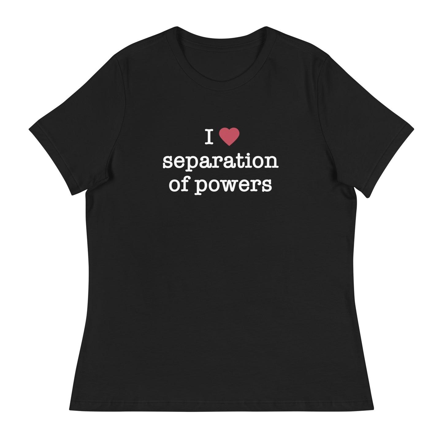 A navy-colored women's t-shirt with the text 'I (heart) separation of powers' printed on the front.