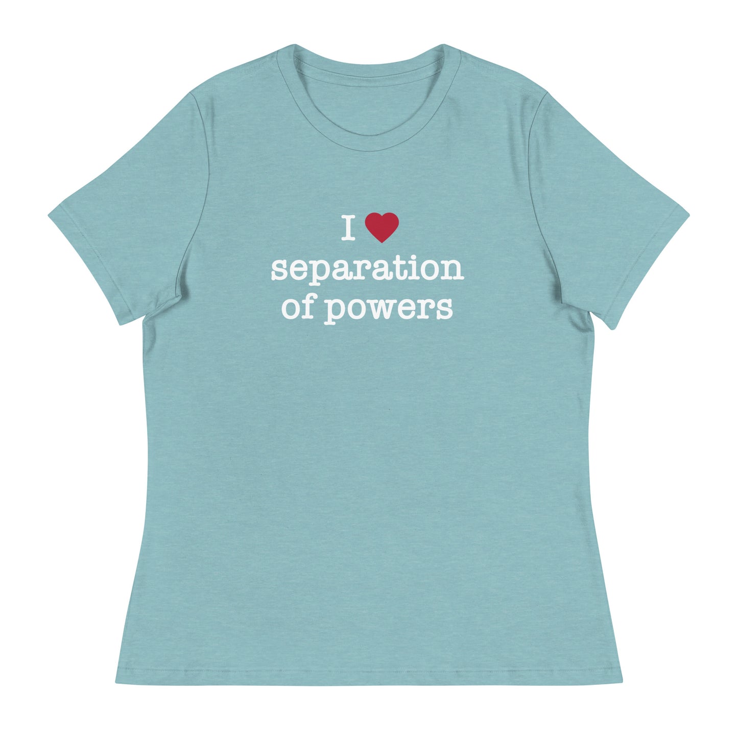 A navy-colored women's t-shirt with the text 'I (heart) separation of powers' printed on the front.