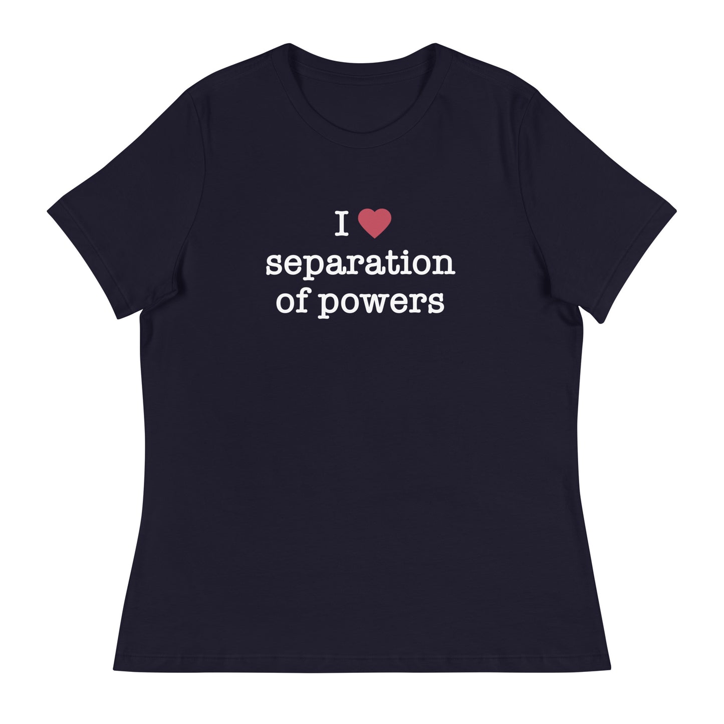 A navy-colored women's t-shirt with the text 'I (heart) separation of powers' printed on the front.