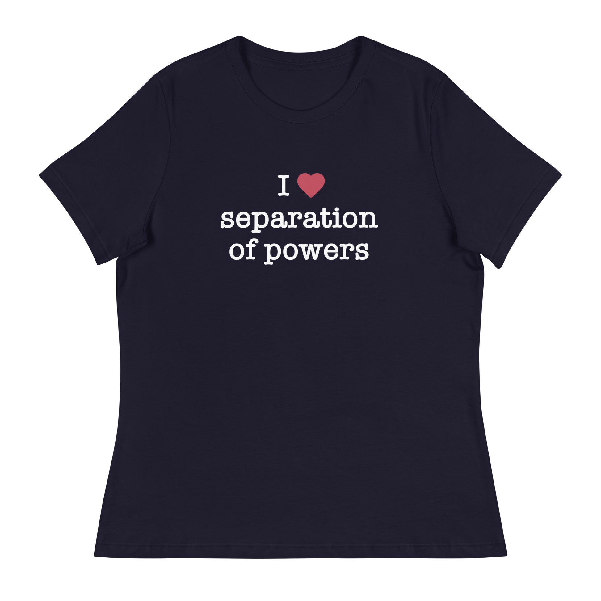 A navy-colored women's t-shirt with the text 'I (heart) separation of powers' printed on the front.