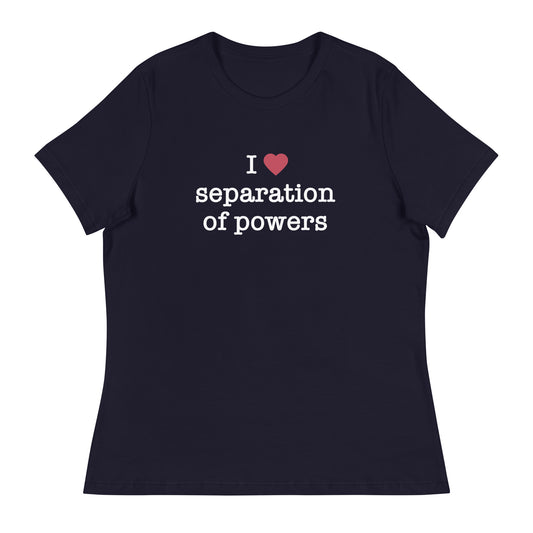 A navy-colored women's t-shirt with the text 'I (heart) separation of powers' printed on the front.