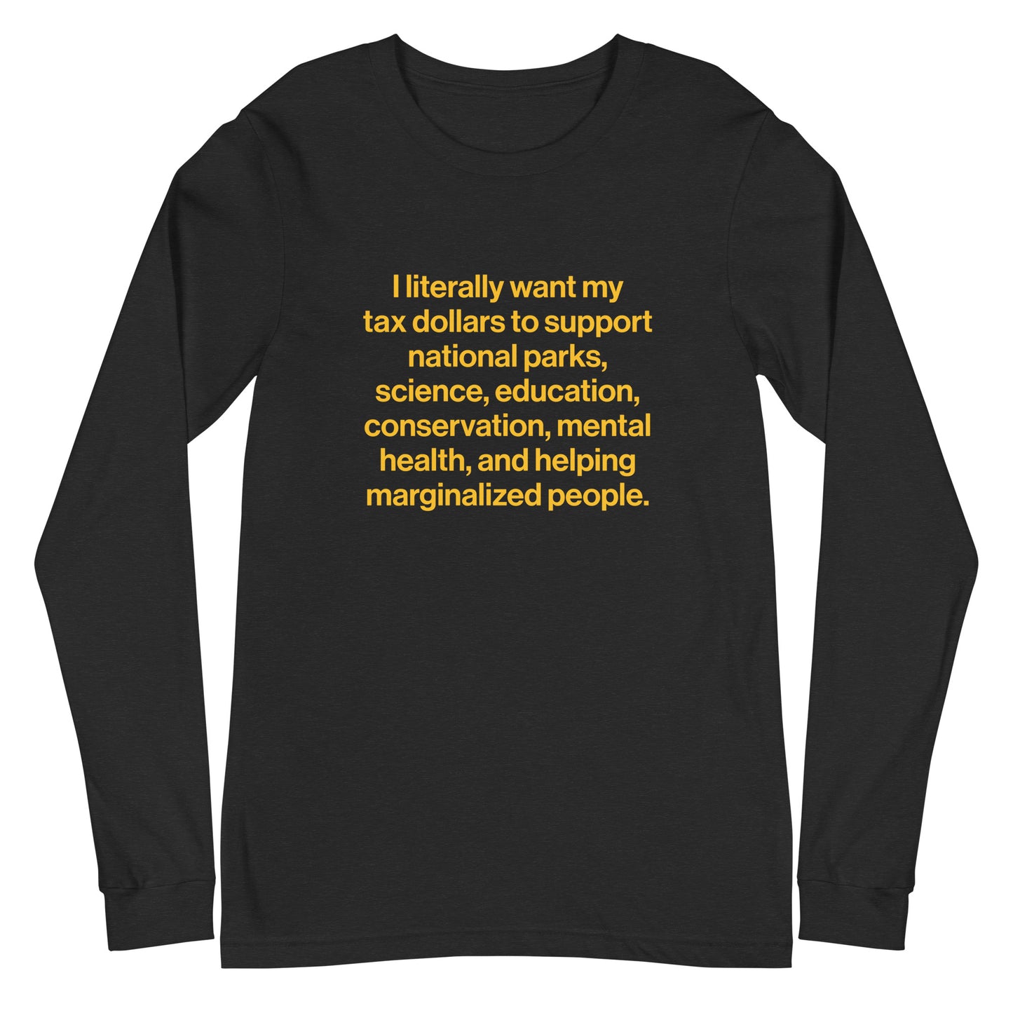 Black long-sleeve shirt with yellow text on a white background