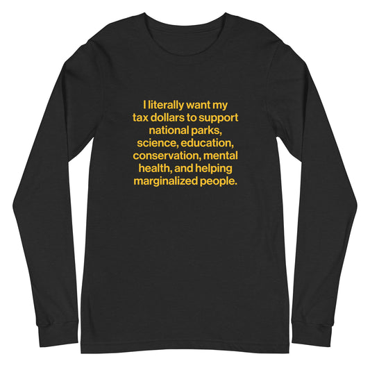 Black long-sleeve shirt with yellow text on a white background