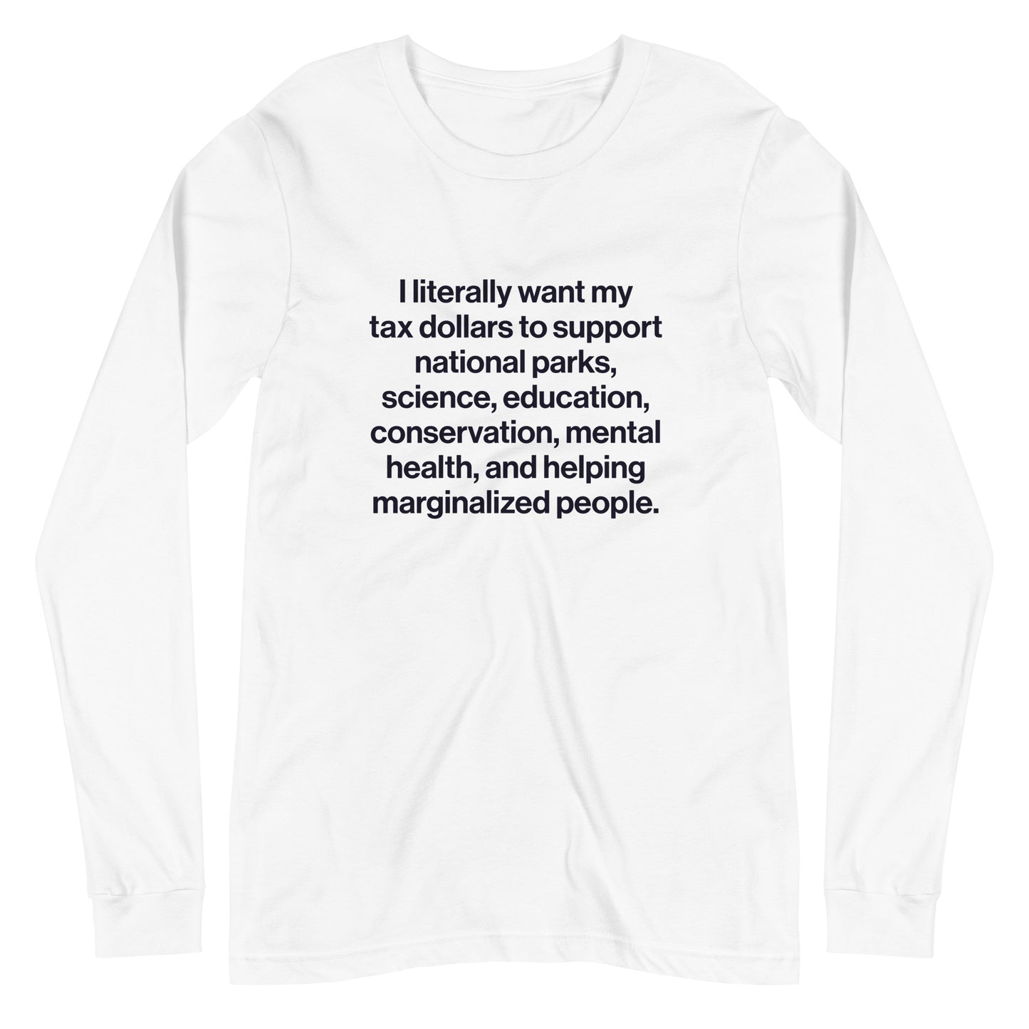 White long-sleeve shirt with black text on a white background
