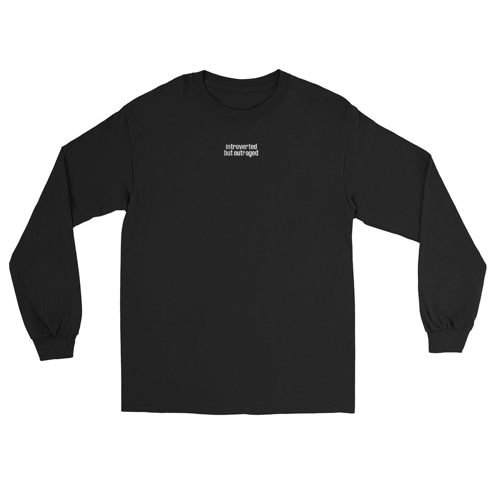 Black long-sleeve shirt with white text "introverted but outraged" on a white background