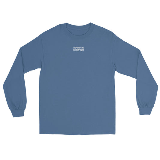 Blue long-sleeve shirt with white text "introverted but outraged" on a white background