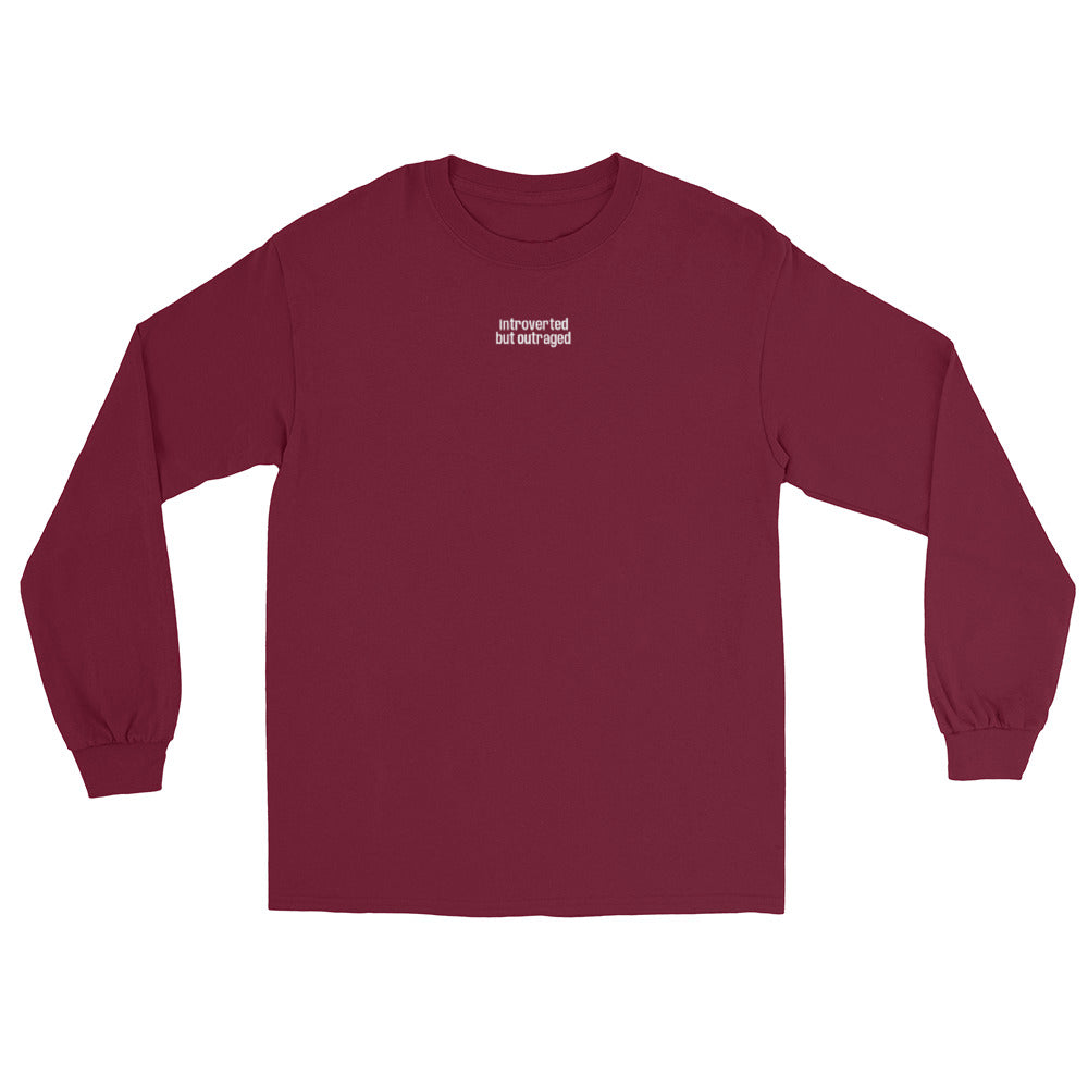 Maroon long-sleeve shirt with white text "introverted but outraged" on a white background