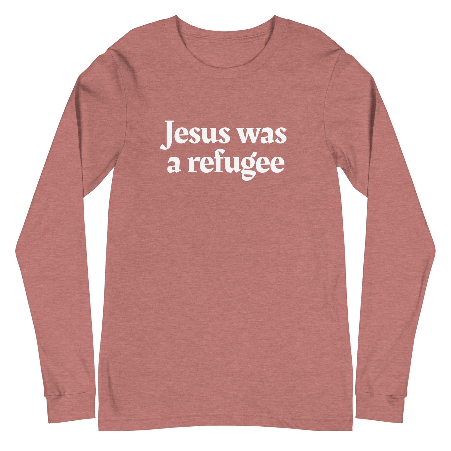 Red long-sleeve shirt with 'Jesus was a refugee' text on a white background