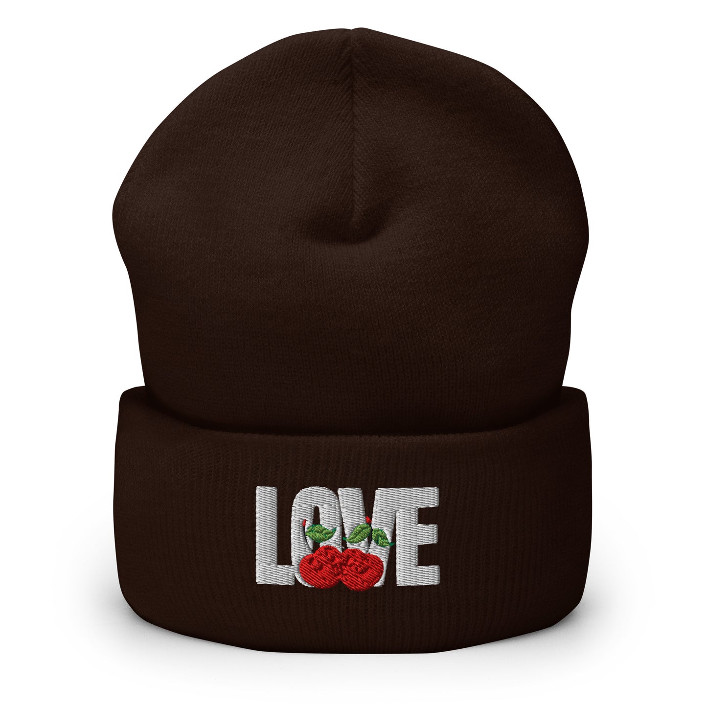 Black beanie with 'LOVE' and cherry design on a white background