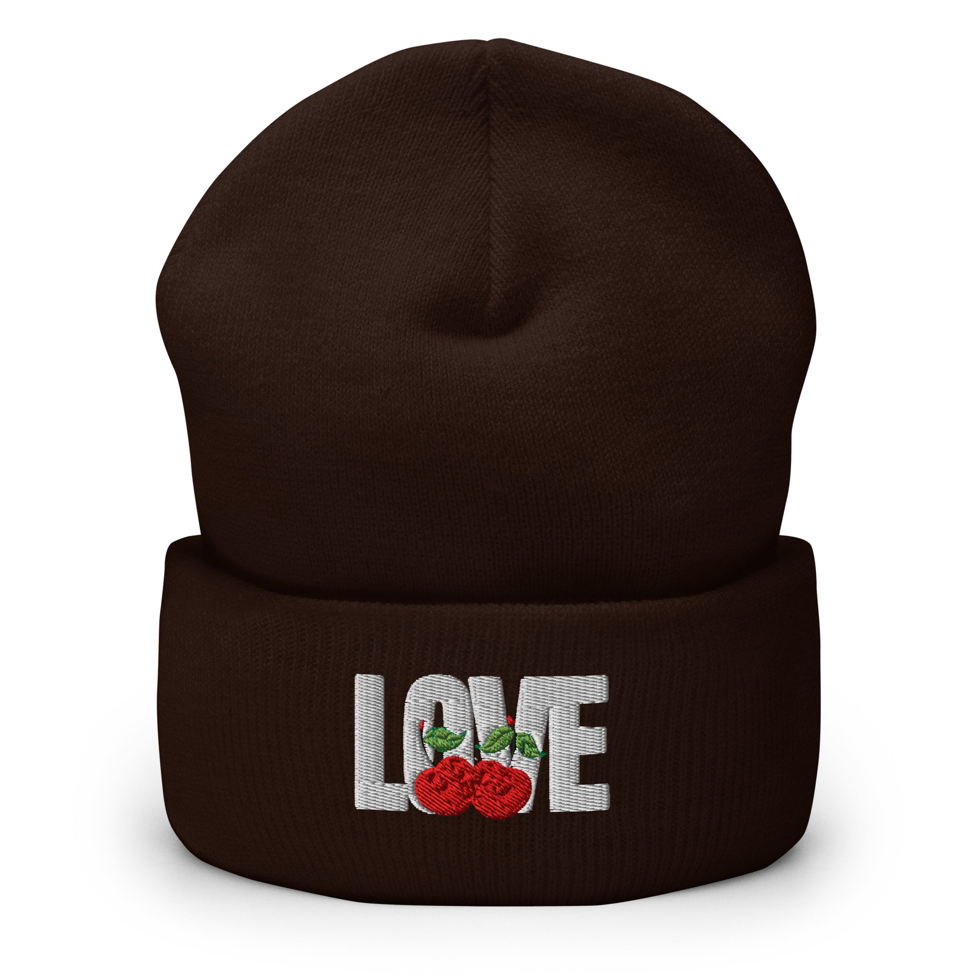 Black beanie with 'LOVE' and cherry design on a white background