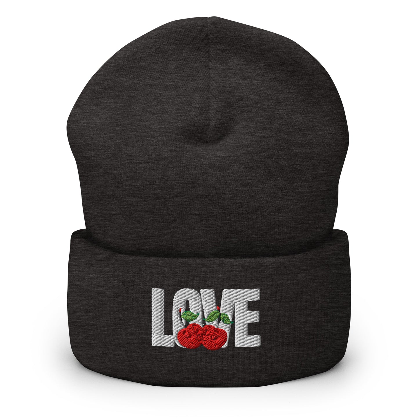 Black beanie with 'LOVE' and cherry design on a white background