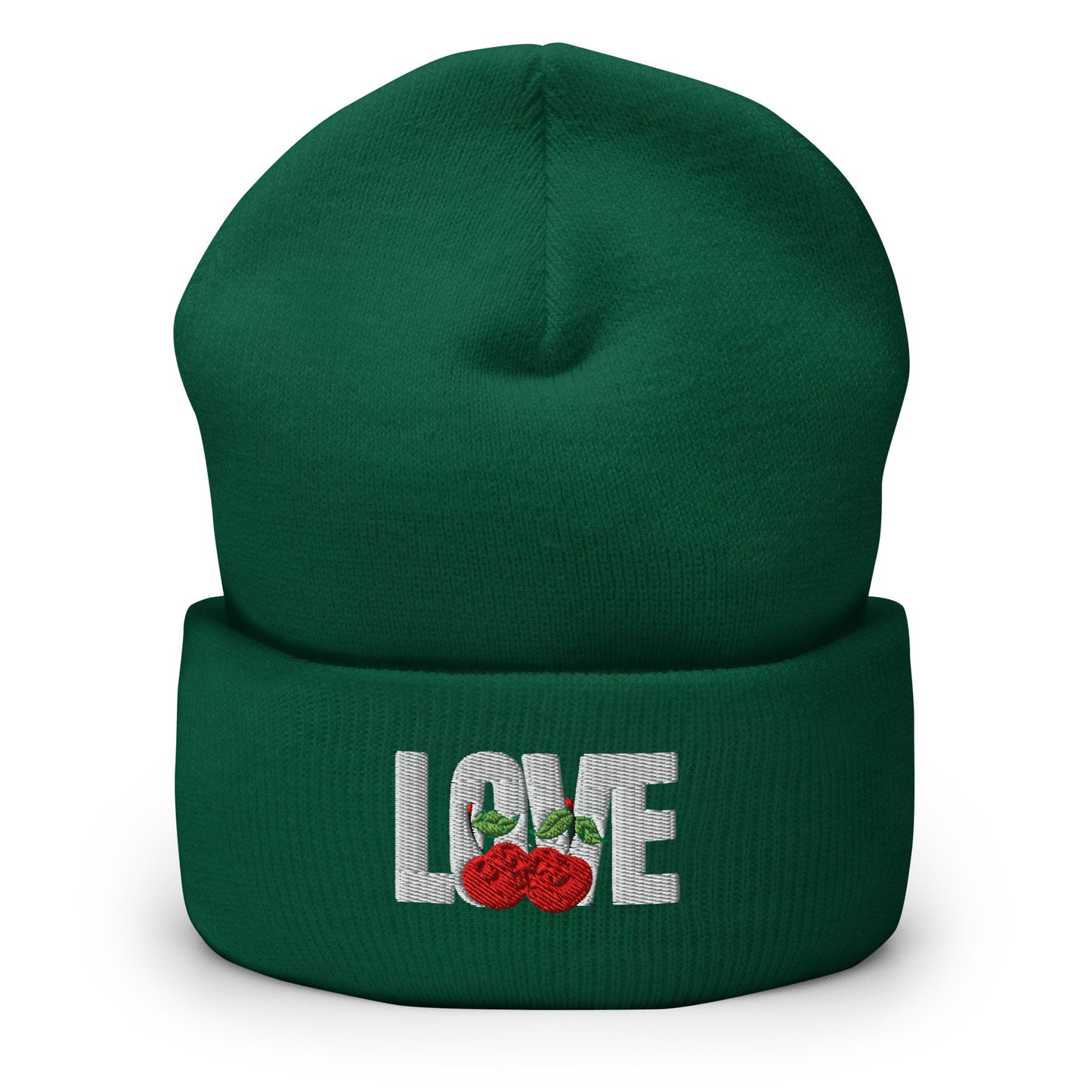 Green beanie with 'LOVE' and rose embroidery on a white background