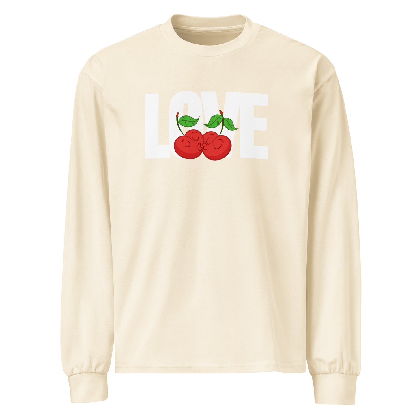 Beige sweatshirt with 'LOVE' and cherries graphic on a white background