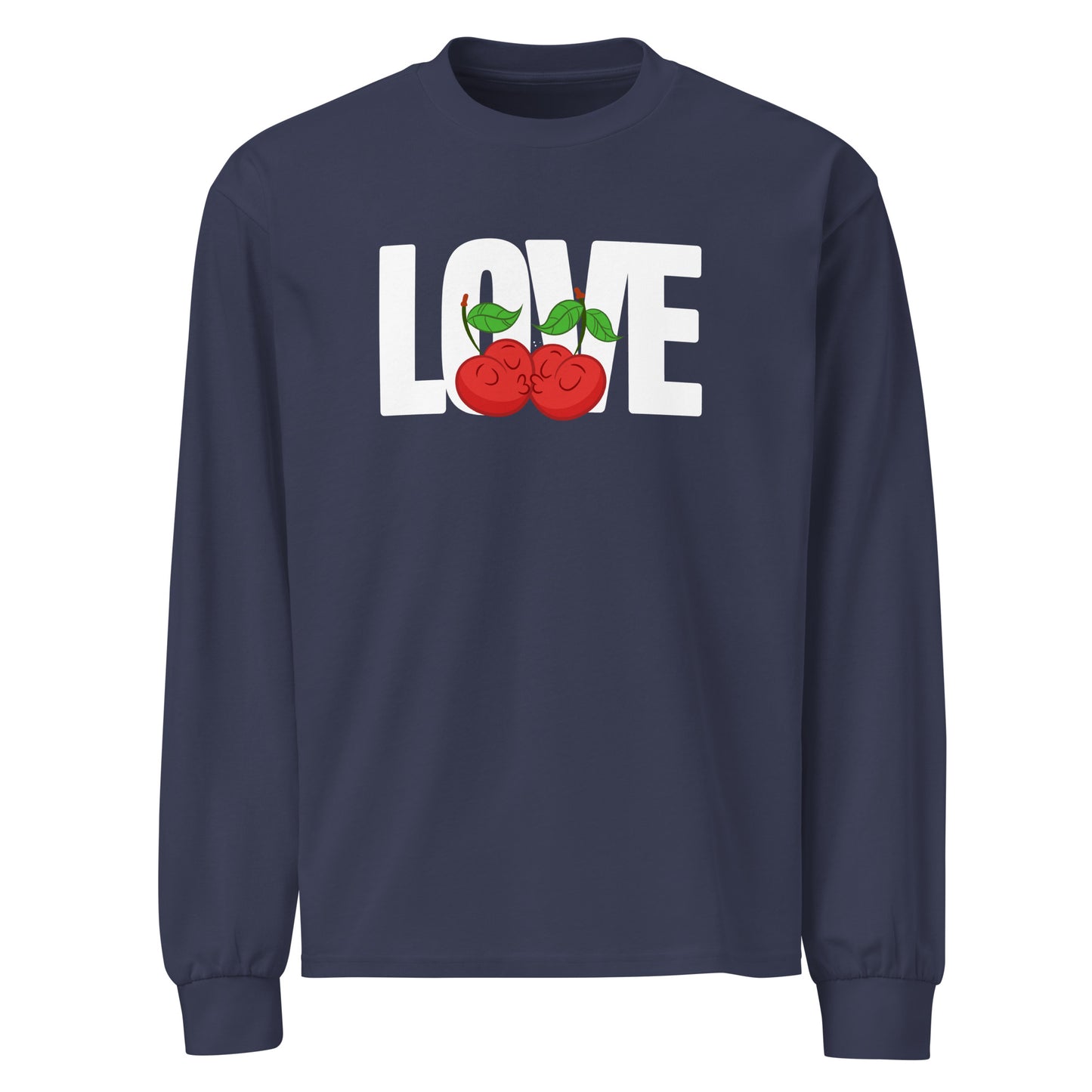 Navy blue long-sleeve shirt with 'LOVE' and cherries design on a white background