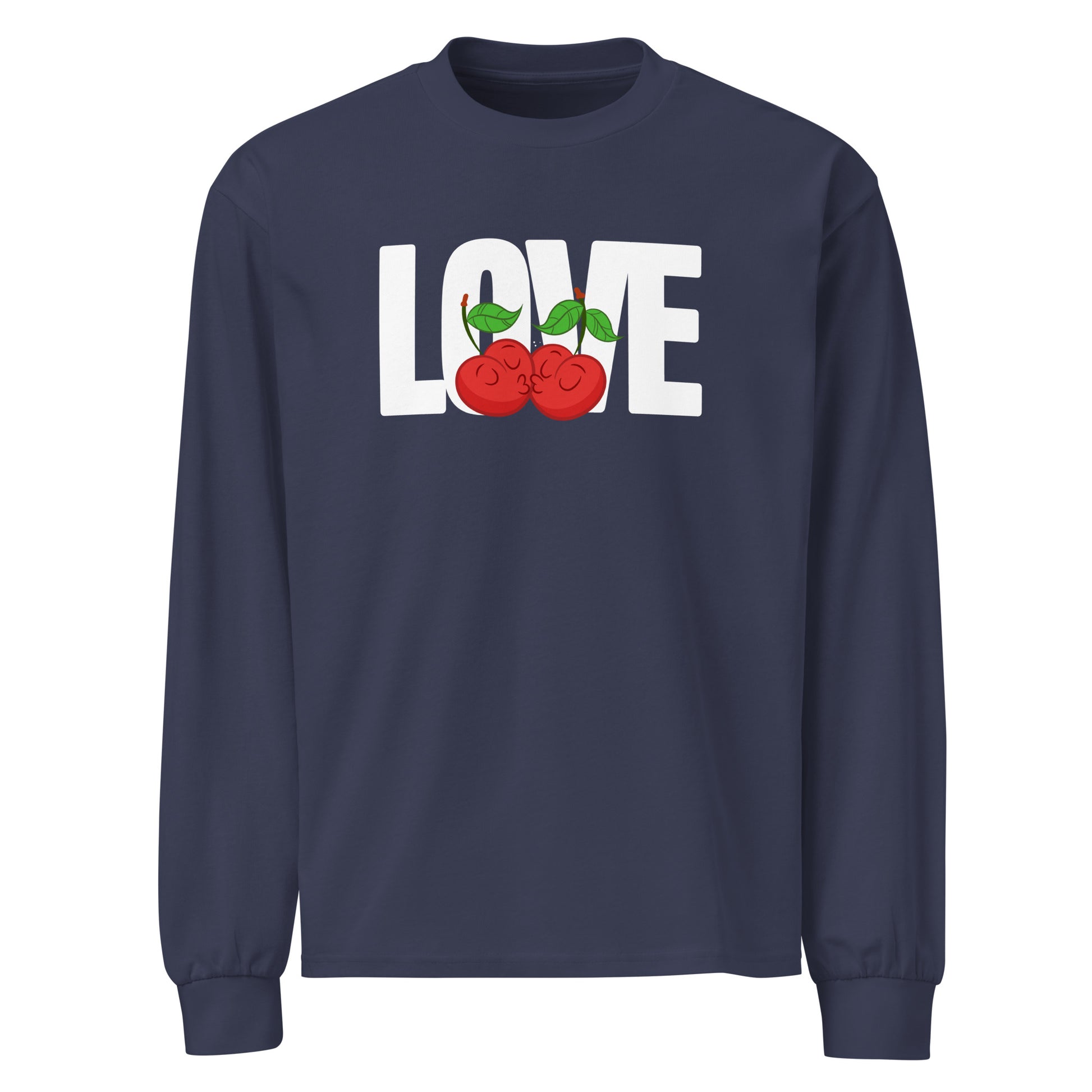 Navy blue long-sleeve shirt with 'LOVE' and cherries design on a white background