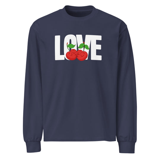 Navy blue long-sleeve shirt with 'LOVE' and cherries design on a white background