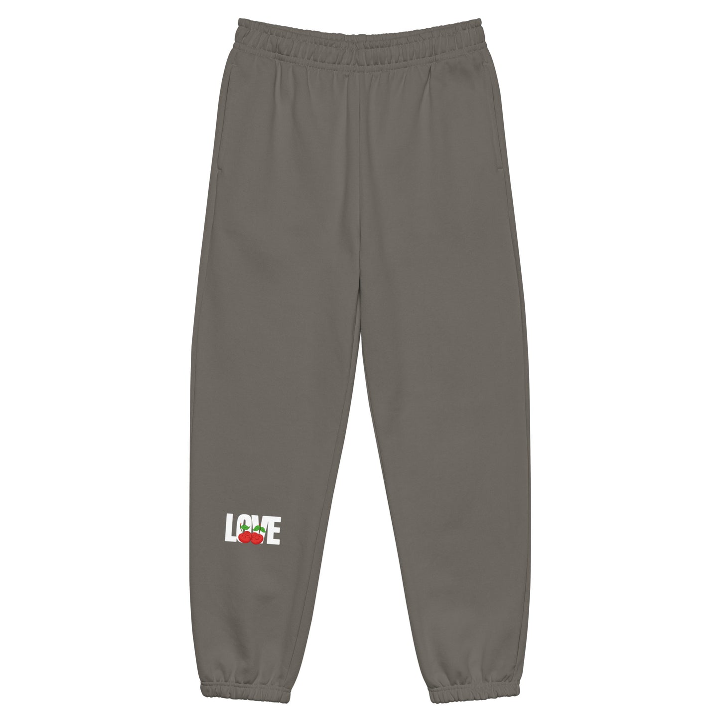 Gray sweatpants with 'LOVE' and heart design on a white background