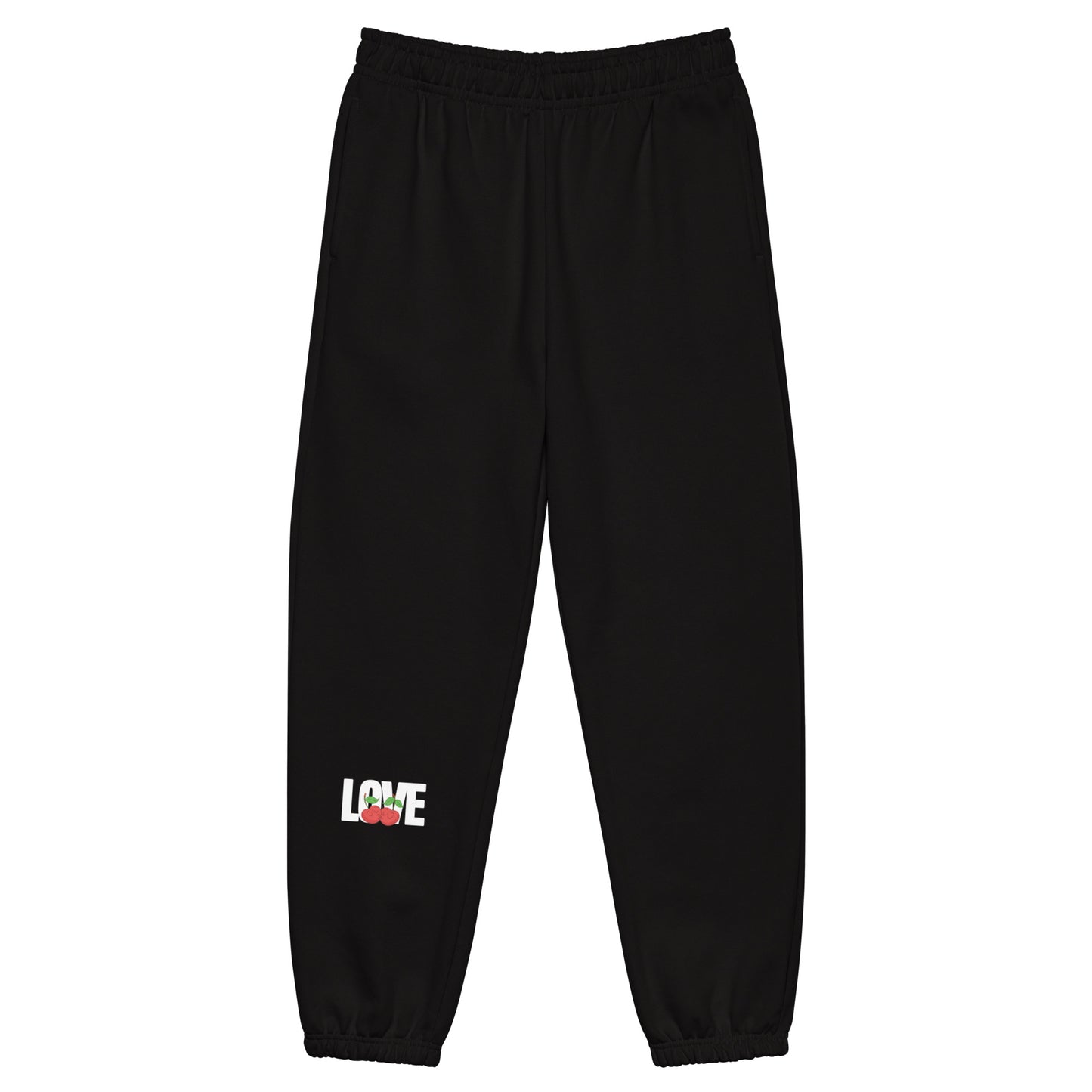 Black sweatpants with 'LOVE' print on a white background