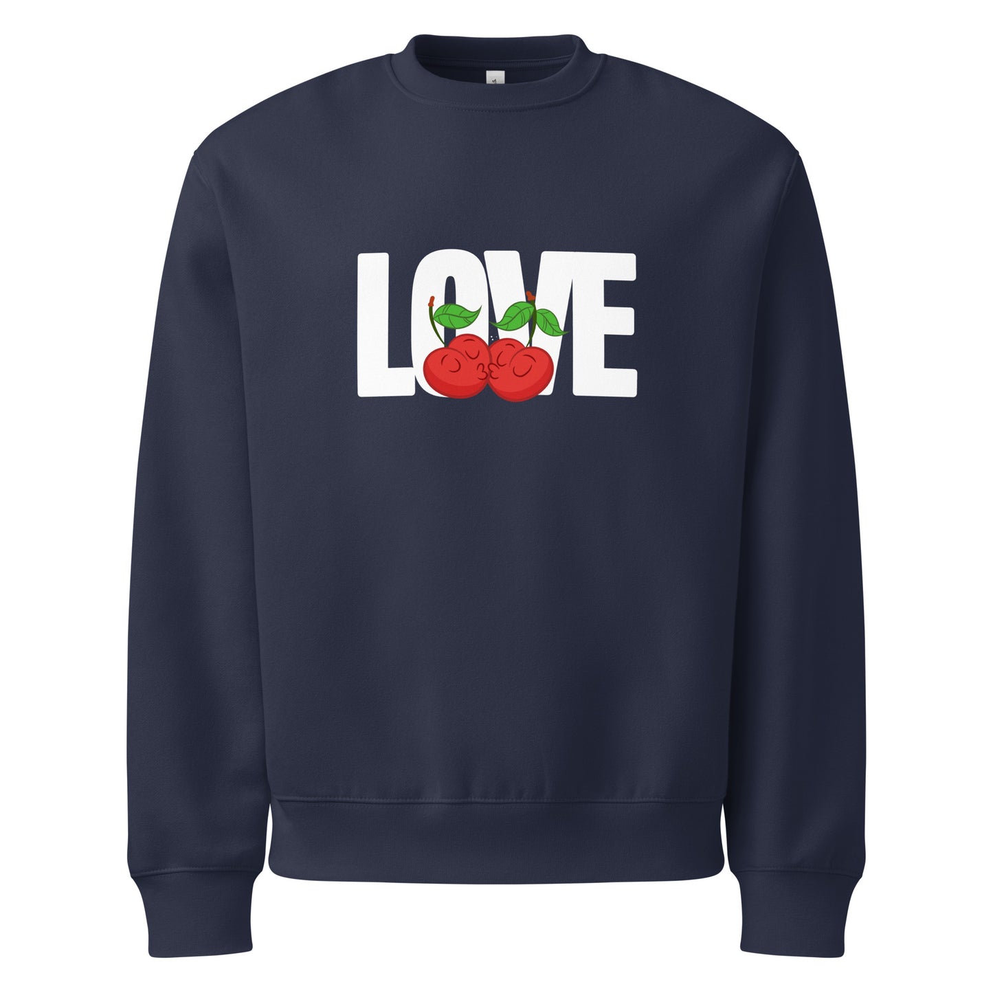 Navy blue sweatshirt with 'LOVE' and cherry design on a white background