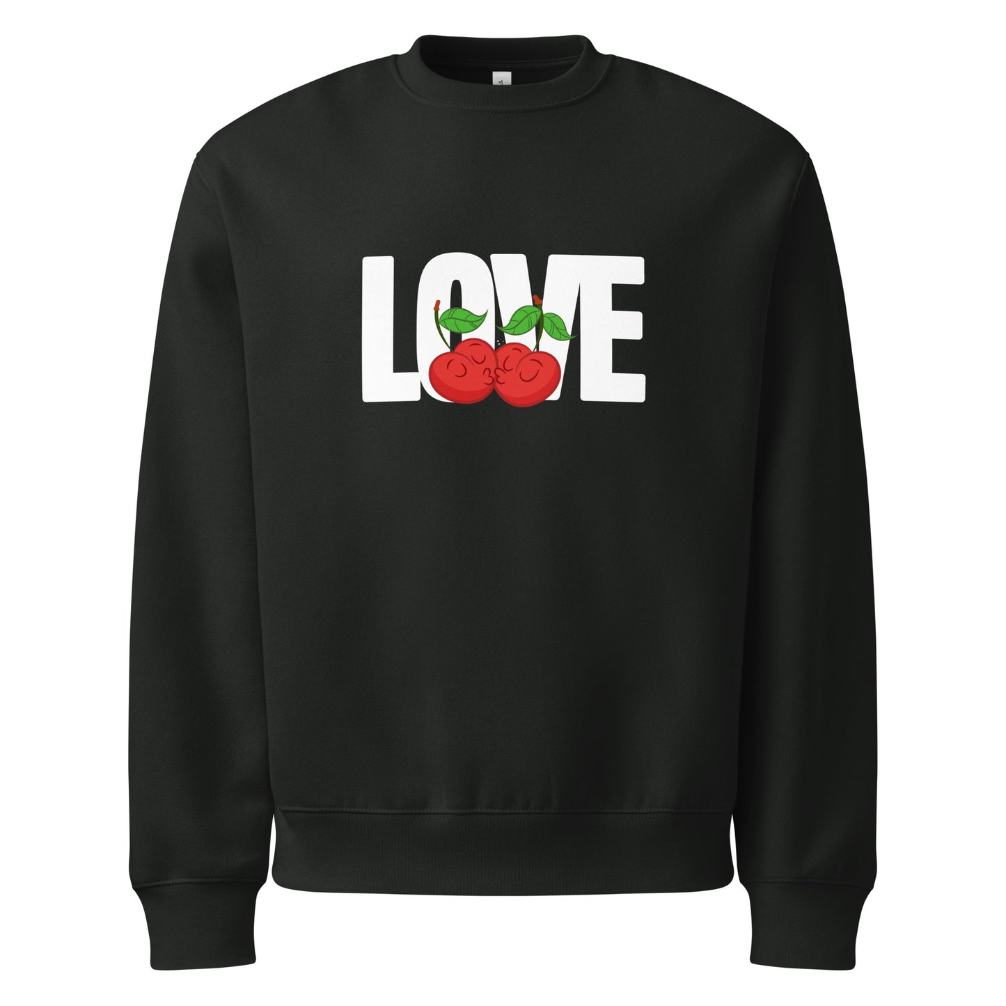 Black sweatshirt with 'LOVE' and cherry design on a white background