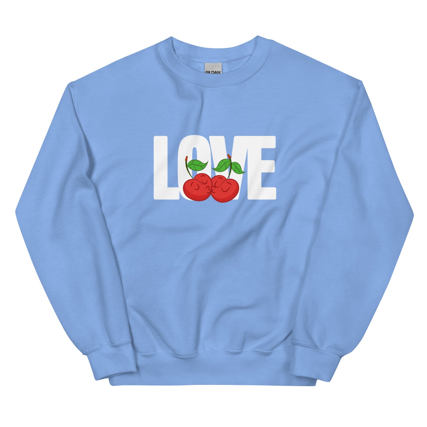 Light blue sweatshirt with 'LOVE' and cherry design on a white background